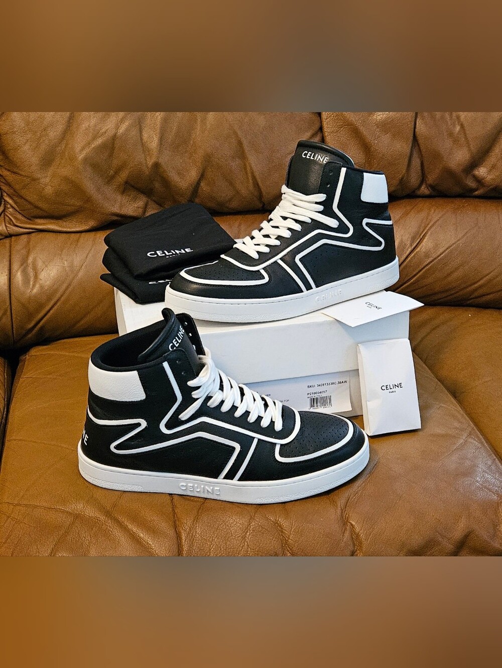 Men's CELINE Black & White Leather High-Top Sneakers Size 10 US (EXCELLENT)